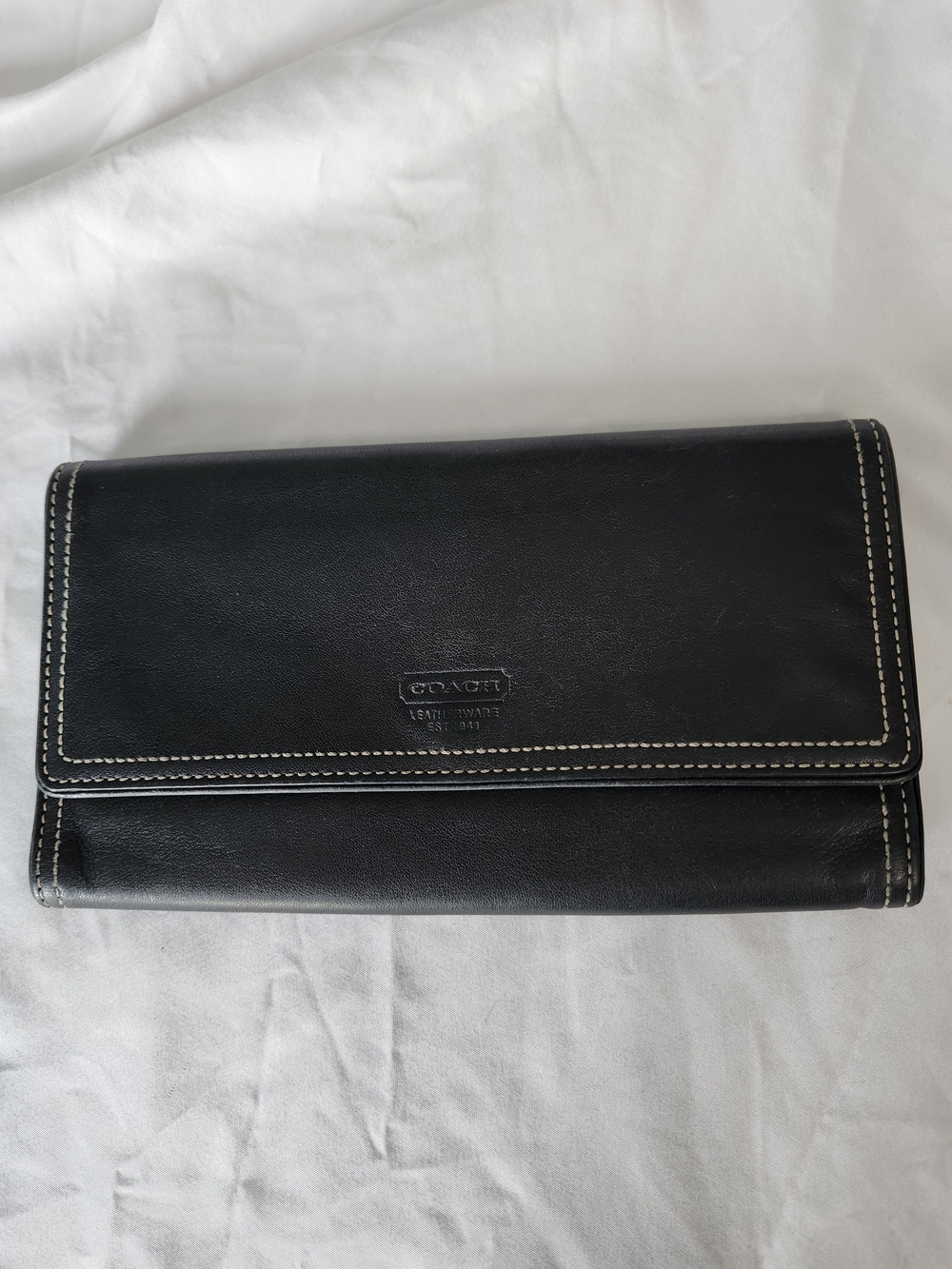 Coach Black Leather Foldover Wallet with Light Contrast Stitching